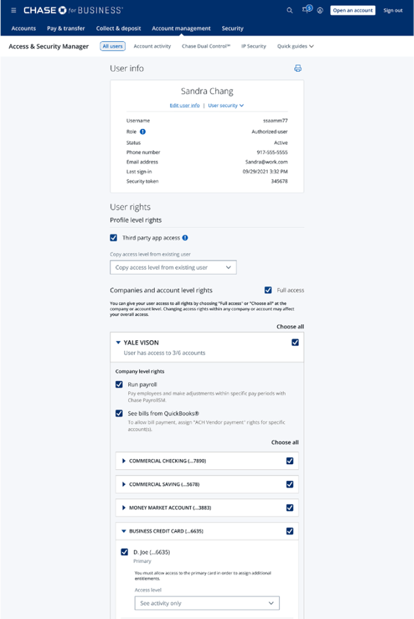 Current state of the bank's Access & Security Manager — the dense, guidance-free permissions interface SecureAccess was designed to replace.